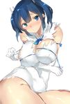  blue_eyes blue_hair blue_ribbon blush bow breasts cleavage cleavage_cutout cosplay dress dungeon_ni_deai_wo_motomeru_no_wa_machigatteiru_darou_ka gloves heigani hestia_(danmachi) hestia_(danmachi)_(cosplay) kantai_collection large_breasts looking_at_viewer rei_no_himo ribbon short_hair solo souryuu_(kantai_collection) twintails white_dress white_gloves 