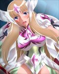  1girl absurdres aquila_yuna armor blonde_hair blue_eyes blush breasts helmet highres large_breasts legs long_hair looking_at_viewer open_mouth pegasus_koga saint_seiya saint_seiya_omega simple_background sitting sitting_on_person solo_focus thighs yadokari_genpachirou 