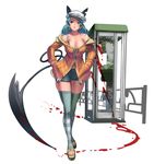  animal_ears blood blood_splatter blue_hair bra breasts cleavage collarbone demon_girl demon_horns demon_tail earrings full_body grey_eyes grey_legwear hands_in_pockets hat highres horns jacket jewelry large_breasts lips long_hair long_sleeves masao off_shoulder one_eye_closed open_clothes open_jacket original phone_booth pink_bra scythe shorts solo strap_slip striped striped_legwear tail thighhighs thighs toeless_legwear toes underwear white_background zipper 