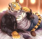  anthro biceps big_muscles chest_tuft clothed clothing feline fur giraffe_(artist) jacket keyhole_turtleneck male mammal muscles nipples paws pecs shirt solo sweater tiger tuft yellow_eyes 