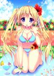  ahoge bikini bikini_in_mouth blonde_hair blue_bikini blue_eyes blush breasts cloud day drink flower garden hair_flower hair_ornament hibiscus kneeling large_breasts long_hair looking_at_viewer mouth_hold original shell sky smile solo suzukawa_yui swimsuit tropical_drink twintails wrist_cuffs 