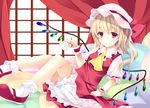  ajiriko ascot banned_artist bed blonde_hair bloomers bobby_socks canopy_bed cup dress flandre_scarlet hat mary_janes mob_cap pillow puffy_short_sleeves puffy_sleeves red_dress red_eyes shirt shoes short_sleeves side_ponytail smile socks solo teacup touhou underwear wings wrist_cuffs 