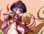  artist_name bowl bowl_hat faux_traditional_media hat holding_needle japanese_clothes kimono looking_at_viewer miracle_mallet mr.milk_caramel needle obi purple_hair red_eyes sash serious solo sukuna_shinmyoumaru sword touhou twitter_username weapon 