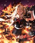 aiming_at_viewer blonde_hair breasts cannon cowboy_shot crazy_smile embers explosion fangs fire glowing glowing_eyes hair_flaps hair_ornament hair_ribbon hairclip highres kantai_collection long_hair looking_at_viewer mecha_musume medium_breasts messy_hair neckerchief red_eyes remodel_(kantai_collection) ribbon scarf school_uniform serafuku serious short_sleeves smile solo straight_hair teeth torpedo turret wreckage yamano_(yamanoh) yuudachi_(kantai_collection) 
