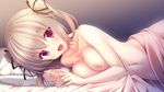  11gatsu_no_arcadia 1girl areolae bed blonde_hair blush breast_press breasts female game_cg happy hayakawa_harui highres large_breasts looking_at_viewer lying navel nipples nonomiya_fuuka nude on_side open_mouth pillow pink_eyes smile solo twintails under_covers 