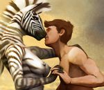  anthro breasts brown_hair duo equine eskimo_kiss female hair hand_holding hattonslayden human male mammal nipples nude stripes zebra 
