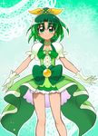  alternate_color bare_legs bow brooch choker cosplay cure_flora cure_flora_(cosplay) gloves go!_princess_precure green green_background green_eyes green_hair green_skirt hair_bow ikkyuu jewelry midorikawa_nao ponytail precure puffy_short_sleeves puffy_sleeves short_hair short_sleeves skirt smile smile_precure! solo standing yellow_bow 
