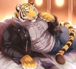  anthro biceps big_muscles clothed clothing feline giraffe_(artist) jacket male mammal muscles nipples paws pecs shirt solo tiger yellow_eyes 