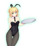  alternate_costume animal_ears arm_behind_back bare_shoulders black_legwear blonde_hair blush breasts bunny_ears bunnysuit cleavage detached_collar fake_animal_ears green_eyes isaki_(gomi) large_breasts looking_at_viewer mizuhashi_parsee necktie pantyhose pointy_ears short_hair simple_background solo thigh_gap touhou tray white_background wrist_cuffs 