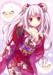 blush bow breasts cleavage earrings floral_print hair_bow horns japanese_clothes jewelry kimono large_breasts long_hair obi off_shoulder original red_eyes revision rihanna_stia riichu sash sheep_horns silver_hair smile solo 