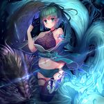  bad_id bad_pixiv_id breasts dragon duel_monster fishnets green_eyes green_hair highres kumashou_(nabeyama_kaidou) kunai large_breasts long_hair midriff ponytail solo water weapon wynn yuu-gi-ou yuu-gi-ou_duel_monsters 