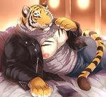  anthro biceps big_muscles chest_tuft clothed clothing feline fur giraffe_(artist) jacket keyhole_turtleneck male mammal muscles nipples paws pecs shirt solo sweater tiger tuft yellow_eyes 
