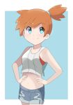  aqua_eyes bangs border chocomiru closed_mouth commentary creatures_(company) crop_top english_commentary eyebrows_visible_through_hair game_freak gym_leader kasumi_(pokemon) looking_at_viewer navel nintendo orange_hair outside_border pokemon pokemon_(game) pokemon_lgpe short_hair short_shorts shorts side_ponytail smile solo swept_bangs very_short_hair white_border 