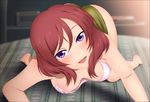  1girl absurdres all_fours ass barefoot bed blush breasts cleavage feet female hanging_breasts highres large_breasts legs looking_at_viewer love_live!_school_idol_project nishikino_maki open_mouth purple_eyes red_hair short_hair shorts solo staring thighs toes yadokari_genpachirou 