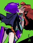  belt boots cape closed_eyes dc_comics dress kiss kyu-bum_lee leotard long_hair multiple_girls purple_hair raven_(dc) red_hair short_dress short_hair sidelocks starfire superhero teen_titans thigh_boots thighhighs yuri 