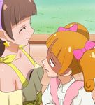  ^_^ amanogawa_kirara breast_envy breasts brown_eyes brown_hair cleavage closed_eyes commentary_request earrings go!_princess_precure haruyama_kazunori ichijou_ranko jewelry long_hair multiple_girls orange_hair precure shaded_face short_hair small_breasts smile star star_earrings twintails 