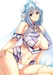  android blue_hair breasts bun_cover cleavage huge_breasts kos-mos long_hair navel panties red_eyes solo takamura_wamu underwear very_long_hair xenosaga 