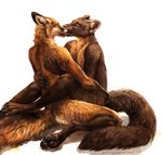 2015 ambiguous_gender anthro canine duo eyes_closed fox fur kenket kissing kneeling male male/male mammal marten mustelid nude open_mouth paws pine_marten plain_background tongue white_background 