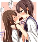  aikawa_ryou akagi_(kantai_collection) blush brown_eyes brown_hair closed_eyes food heart imminent_kiss kaga_(kantai_collection) kantai_collection long_hair multiple_girls muneate pocky pocky_kiss shared_food side_ponytail translation_request you're_doing_it_wrong yuri 