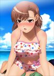  1girl absurdres bare_shoulders beach bikini blush breasts brown_eyes brown_hair cloud clouds highres large_breasts legs looking_at_viewer misaka_mikoto navel ocean open_mouth pov sand short_hair sitting sitting_on_person sky solo_focus swimsuit thighs to_aru_kagaku_no_railgun to_aru_majutsu_no_index water yadokari_genpachirou 