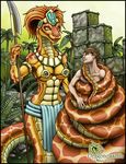  2010 anthro bra breasts brown_scales clothed clothing duo english_text female hair human jewelry loincloth male mammal markie naga orange_eyes orange_hair orange_scales outside polearm reptile scalie size_difference skimpy slit_pupils spear spots text tree underwear weapon 