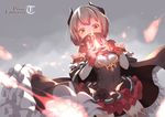  blurry cape copyright_name covered_mouth cowboy_shot depth_of_field dutch_angle ello fingerless_gloves fire frilled_skirt frills gloves horns orange_eyes pixiv_fantasia pixiv_fantasia_t short_hair silver_hair skirt solo thighhighs zettai_ryouiki 