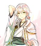  arm_up blush japanese_clothes looking_at_viewer male_focus pippilipi silver_hair sketch smile solo touken_ranbu tsurumaru_kuninaga yellow_eyes 