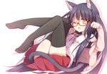  ;3 animal_ears black_hair black_legwear cat_ears cropped_jacket glasses legs_up lying on_back one_eye_closed open_mouth original paw_pose red-framed_eyewear reina_(black_spider) ribbon simple_background skirt solo tail thighhighs yellow_eyes 