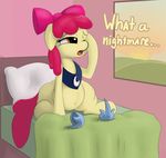  2015 amber_eyes apple_bloom_(mlp) augustbebel bed belly big_belly blanket bow clothing cub digestion earth_pony english_text equine female feral friendship_is_magic fur hair hooves horse mammal my_little_pony nude one_eye_closed open_mouth oral_vore pillow pony princess_luna_(mlp) red_hair saliva solo sunrise text tongue vore young 