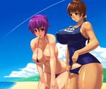  ayane_(doa) beach bikini breasts brown_hair cleavage covered_nipples day dead_or_alive huge_breasts kasumi_(doa) large_breasts long_hair micro_bikini multiple_girls name_tag one-piece_swimsuit school_swimsuit school_swimsuit_flap short_hair swimsuit tenji thick_thighs thighs 