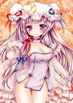 alternate_costume bad_id bad_pixiv_id bottomless breasts choker cleavage crescent crescent_hair_ornament frills funnyfunny hair_ornament hair_ribbon hat large_breasts long_hair no_panties patchouli_knowledge purple_eyes purple_hair ribbon sample smile solo touhou 
