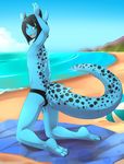  2014 anthro beach black_hair blue_fur bulge butt clothed clothing dragon fur furred_dragon girly green_eyes hair half-dressed hand_on_leg horn hunter_(chuchumo) kneeling long_hair looking_at_viewer looking_back male open_mouth plantigrade raised_arm sea seaside smile solo spazzykoneko speedo spots swimsuit topless towel water 