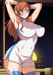  1girl aqrtist_request aqua_eyes armpit armpits arms_behind_head arms_up blush breasts character_request covered_navel curvy erect_nipples female gundam gundam_build_fighters gundam_build_fighters_try kamiki_mirai kunifuto large_breasts long_hair looking_at_viewer orange_hair solo thighhighs wide_hips 