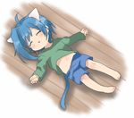  :3 ahoge animal_ears bad_id bad_pixiv_id blue_hair blush cardfight!!_vanguard cat_ears cat_tail chawanmushi_(ebikamaboko) closed_eyes full_body lowres male_focus midriff sendou_aichi shirt_lift shorts sleeping smile solo tail 