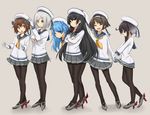  adapted_costume alternate_costume bangs beret black_hair blue_hair brown_hair cassandra_(seishun_katsu_sando) closed_eyes gloves hamakaze_(kantai_collection) hat highres isokaze_(kantai_collection) kantai_collection long_hair multiple_girls pantyhose silver_hair smile tanikaze_(kantai_collection) tokitsukaze_(kantai_collection) urakaze_(kantai_collection) white_hat yukikaze_(kantai_collection) 