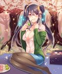  black_hair breasts cherry_blossoms cleavage glasses hanami large_breasts long_hair official_art pantyhose red_eyes senjou_no_electro_girl shina_shina solo tree twintails 
