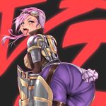  ass bent_over breasts chiyo_koharu goggles large_breasts league_of_legends long_hair looking_at_viewer pantylines pink_eyes pink_hair solo tattoo tongue vi_(league_of_legends) 