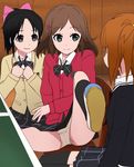  black_hair brown_eyes brown_hair green_eyes hair_ornament hairclip haruyama_kazunori multiple_girls orange_hair panties plaid plaid_skirt ponytail school_uniform short_hair sitting skirt smile socks suzuki_yua takahashi_aoi tanaka_koharu tesagure!_bukatsu-mono thighhighs underwear 