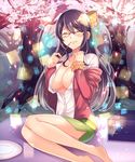  barefoot black_hair breasts cherry_blossoms cleavage closed_eyes glasses hanami highres large_breasts long_hair official_art open_clothes open_shirt senjou_no_electro_girl shina_shina shirt solo tree 