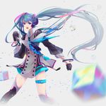  :d aqua_hair belt black_legwear blurry bracelet buttons contrapposto cube depth_of_field gloves hair_ornament hair_ribbon hatsune_miku highres holding holding_microphone hoshima jewelry leg_belt long_hair microphone music open_mouth ribbon singing smile solo standing thigh_strap twintails v-shaped_eyebrows very_long_hair vocaloid 