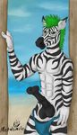  2015 abs animal_genitalia anthro balls beach black_penis clothing cloud equine erection flared_penis fur green_eyes green_hair grin hair horsecock looking_at_viewer male mammal metalsmile mohawk muscles nude outside pecs penis seaside sky smile solo standing stripes thong toned vein white_fur zebra 