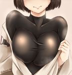  akatsuki_akane blush bob_cut breasts brown_hair cleavage collarbone head_out_of_frame hyuuga_(kantai_collection) japanese_clothes kantai_collection large_breasts off_shoulder shirt short_hair skin_tight smile solo sweat taut_clothes taut_shirt twitter_username undressing 