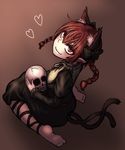  animal_ears blush brown_eyes brown_hair cat_ears cat_tail dress extra_ears heart highres kaenbyou_rin looking_at_viewer miata_(miata8674) multiple_tails pointy_ears simple_background sitting skull smile solo tail touhou wariza 