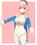  bad_id bad_pixiv_id bare_shoulders bikini blush breasts cleavage front-tie_top headphones large_breasts long_hair looking_at_viewer navel nitroplus off_shoulder open_clothes open_shirt outstretched_arms outstretched_hand pink_bikini pink_hair red_eyes seramikku shirt side-tie_bikini smile solo stomach super_sonico swimsuit thighhighs white_bikini white_legwear 
