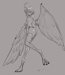  ahoge ass breasts feathered_wings feathers full_body greyscale harpy izra monochrome monster_girl monster_musume_no_iru_nichijou nipples papi_(monster_musume) shiny shiny_skin side-tie_bottom signature sketch small_breasts solo talons topless wings 