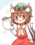  1girl :3 animal_ears brown_eyes brown_hair cat_ears chen closed_mouth commentary_request hat ibaraki_natou jewelry long_sleeves mob_cap multiple_tails nekomata open_mouth short_hair single_earring tail touhou twitter_username two_tails 