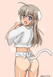  :d ahoge animal_ears ass blue_eyes blush cat_ears cat_tail from_behind fundoshi hachimitsu-b japanese_clothes light_brown_hair long_hair looking_back open_mouth pink_background simple_background smile solo sweatdrop tail tan tanline twitter_username wilma_bishop world_witches_series yamakasa 