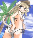  animal_ears ass bikini blue_eyes blue_sky blush breasts cat_ears cat_tail cloud day from_behind hand_under_clothes hat higezamurai_(kurage_gunsou) light_brown_hair looking_back medium_breasts palm_tree side-tie_bikini sideboob sky smile solo swimsuit tail tree twitter_username white_bikini wilma_bishop world_witches_series 