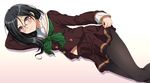  black_hair black_legwear blue_eyes blush glasses green_neckwear hibike!_euphonium long_hair lying neckerchief on_side over-rim_eyewear pantyhose red-framed_eyewear school_uniform semi-rimless_eyewear serafuku shian_(my_lonly_life.) simple_background skirt smile solo tanaka_asuka 