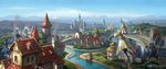  artist_name boat bridge building castle cityscape dated day exca grass half-timbered halo hat highres hood multiple_girls original outdoors river signature sky sword water watercraft weapon windmill 